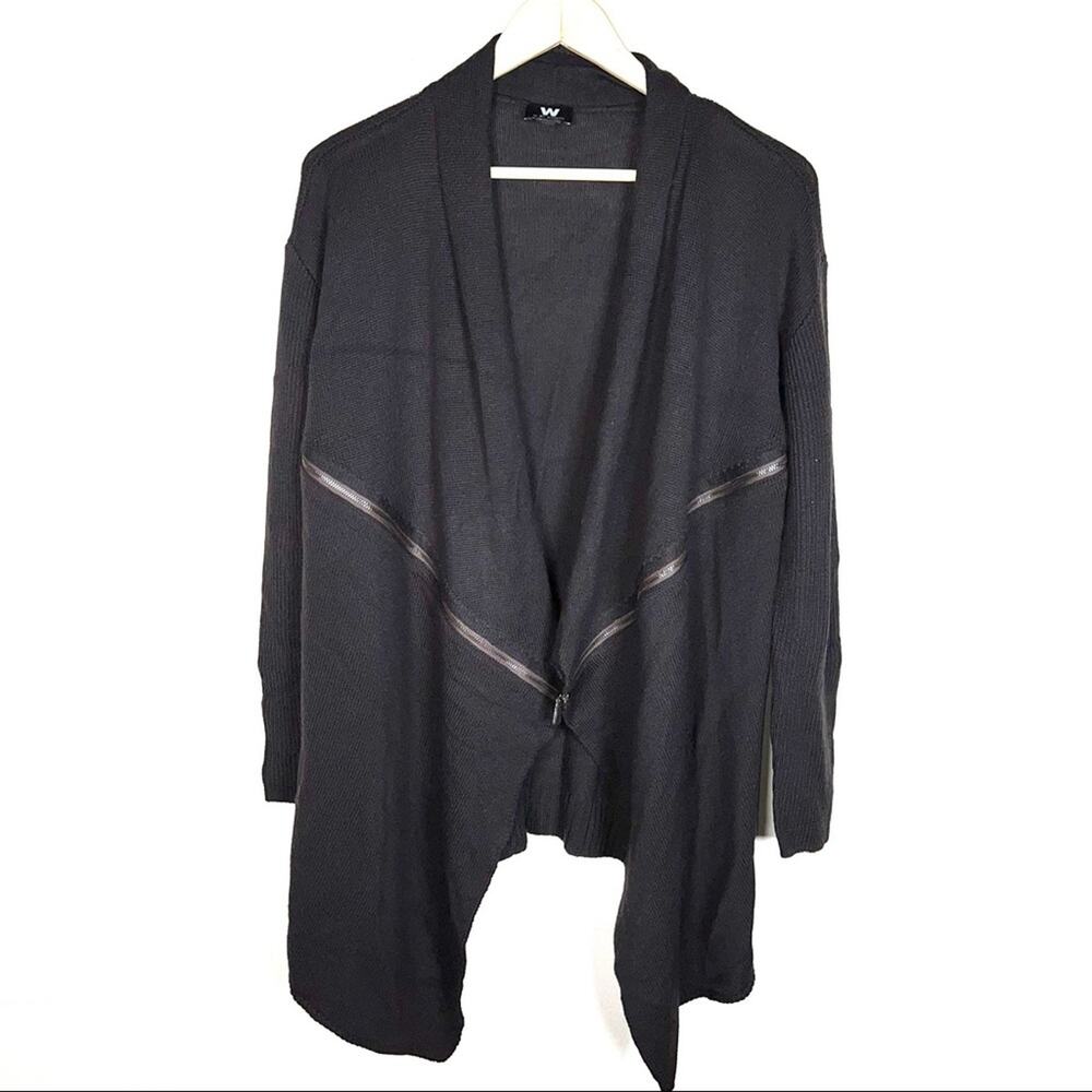 W by Worth brown wool hip length cardigan sweater w zipper accents small S B106